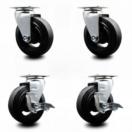 Service Caster 5 Inch Rubber on Cast Iron Swivel Caster Set with Roller Bearings 2 Brakes SCC-20S520-RSR-2-TLB-2